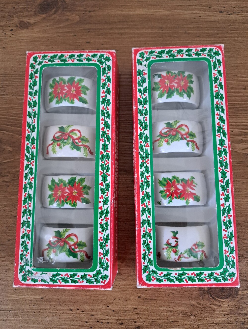 Set Of 8 Vintage Porcelain Christmas Napkin Rings Holiday Dining Holly As Is
